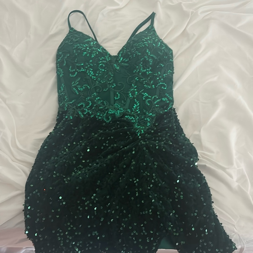 short dark green hoco dress